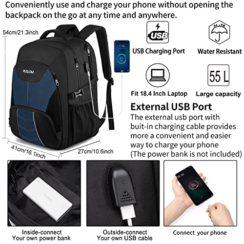 PUSLOM Extra Large Travel Laptop Backpack for Men 55L,Water Resistant 18.4 inch Big Business Laptop bags with USB Charging Port,TSA Friendly Anti Theft Computer Bag for Work College,Blue - Image 2