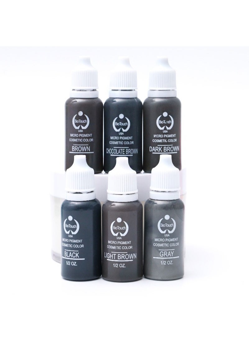 6-Color 6-Bottle SET Pigment Color Permanent Eyebrow Makeup Microblading Micropigmentation Cosmetic Tattoo Ink Ombre Feathering Hair Stroke Technique 1/2OZ Each