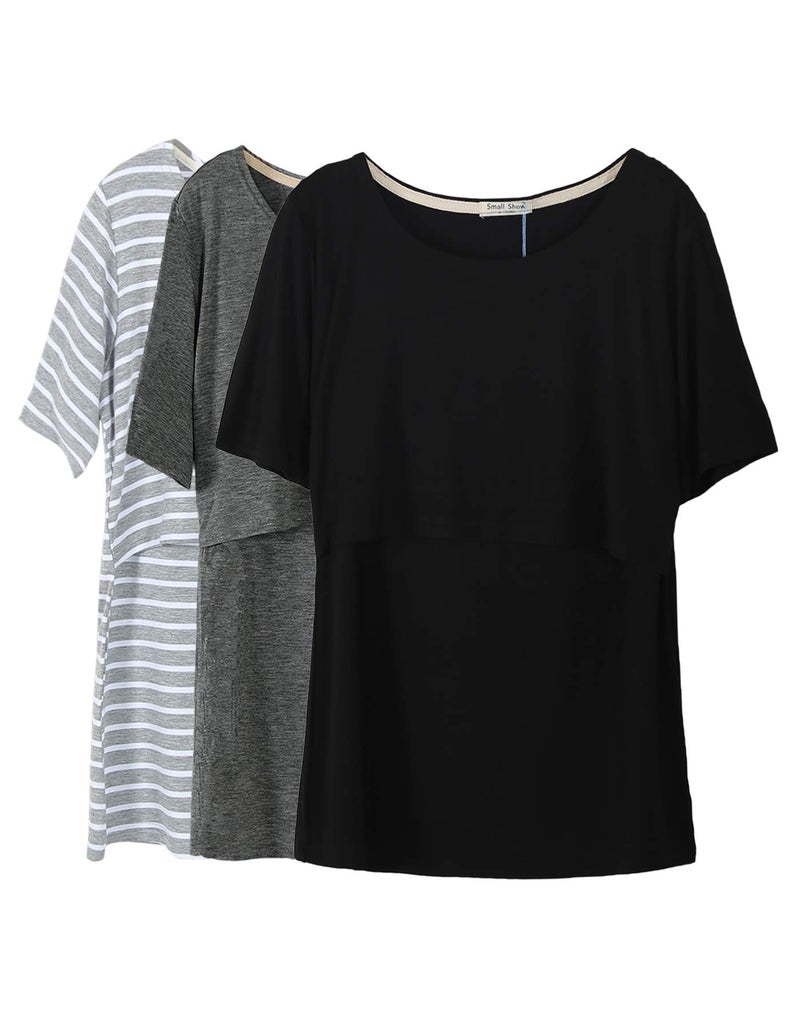 Smallshow 3 Pcs Maternity Nursing T-Shirt Nursing Tops Grey Stripe-Dim Grey-Black Small - Image 1