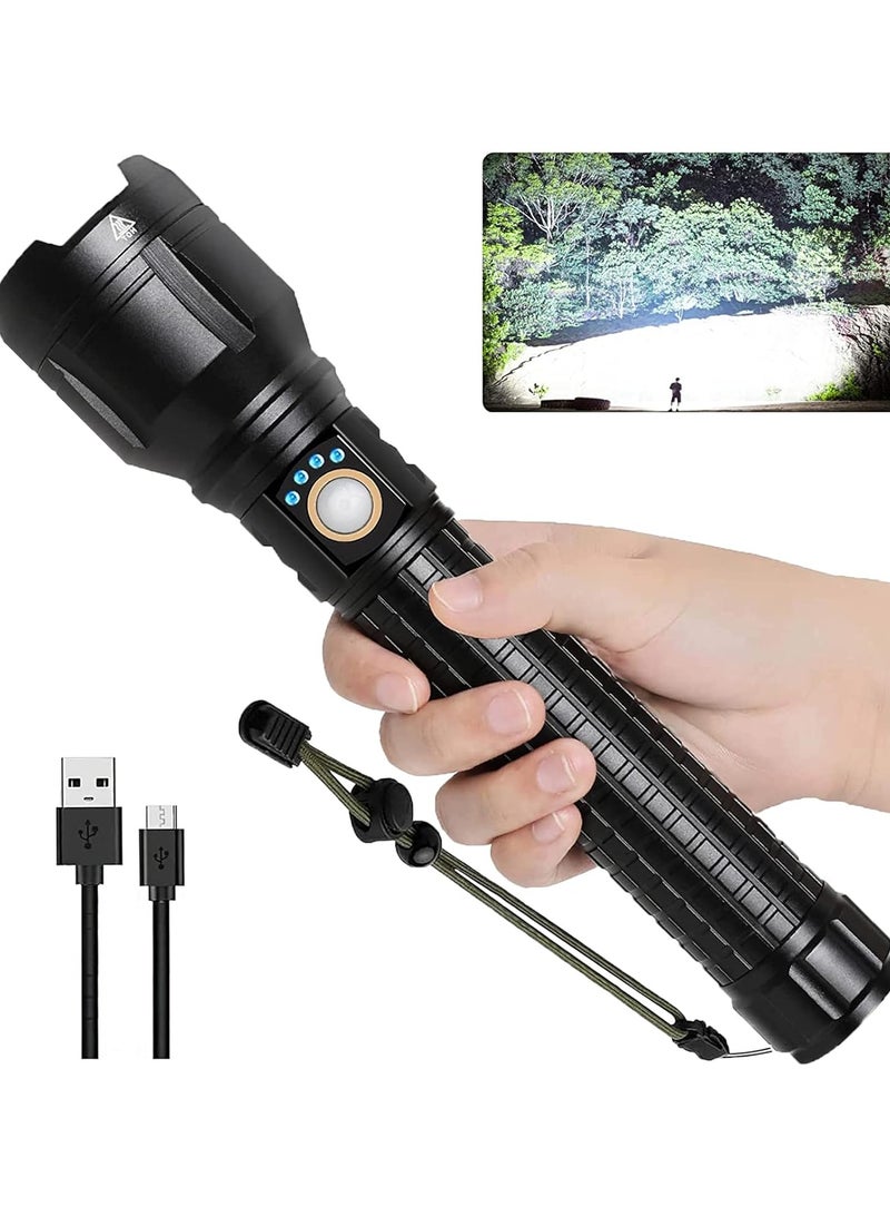 مصباح يدوي P90 قابل لإعادة الشحن، 150000 لومن عالي السطوع، مصابيح فلاش قوية للغاية، مصباح يدوي كبير محمول في الهواء الطلق مع 3 أوضاع، IPX7 مقاوم للماء (أسود) - Image 1