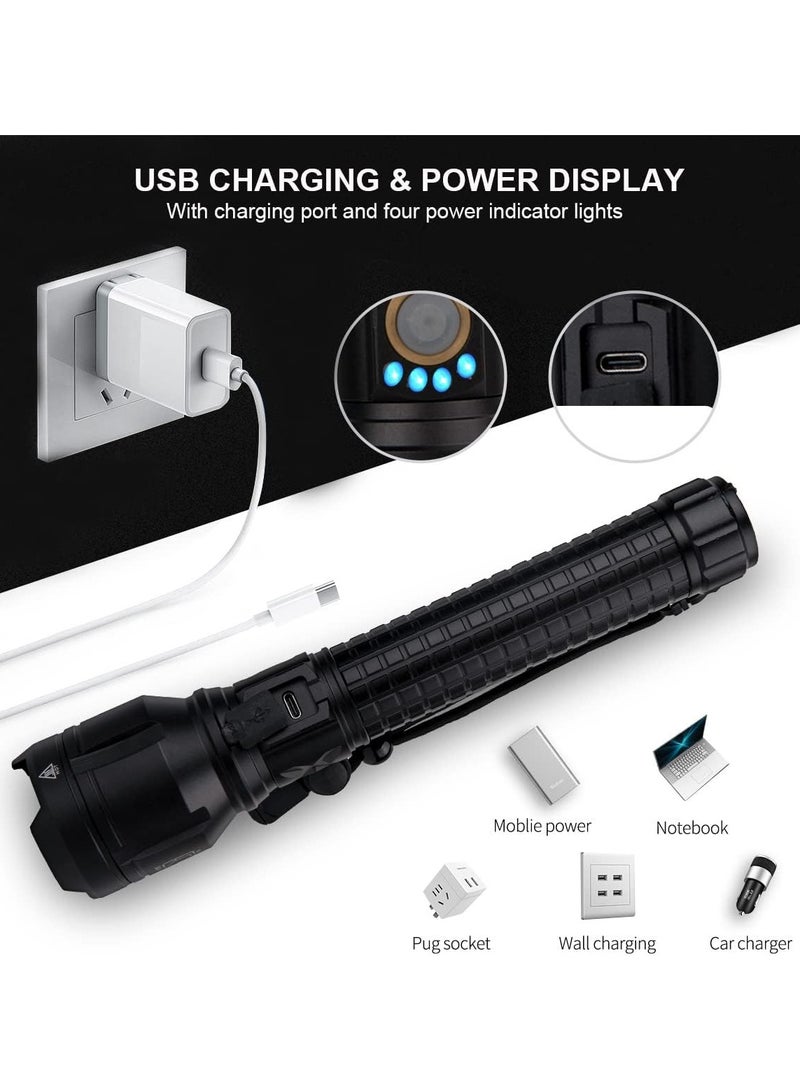 مصباح يدوي P90 قابل لإعادة الشحن، 150000 لومن عالي السطوع، مصابيح فلاش قوية للغاية، مصباح يدوي كبير محمول في الهواء الطلق مع 3 أوضاع، IPX7 مقاوم للماء (أسود) - Image 2