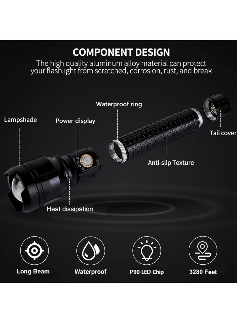 مصباح يدوي P90 قابل لإعادة الشحن، 150000 لومن عالي السطوع، مصابيح فلاش قوية للغاية، مصباح يدوي كبير محمول في الهواء الطلق مع 3 أوضاع، IPX7 مقاوم للماء (أسود) - Image 3
