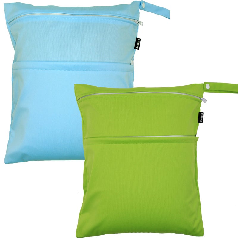 حقيبة سفر رطبة وجافة من داميرو 2 حزمة مع 2 جيب ومقبض لملابس الأطفال وحفاضات وأجزاء ضخ ضخ وملابس السباحة والمزيد لطيفة وواسعة وسهلة الحمل باللون الأخضر الفاتح والأزرق الفاتح