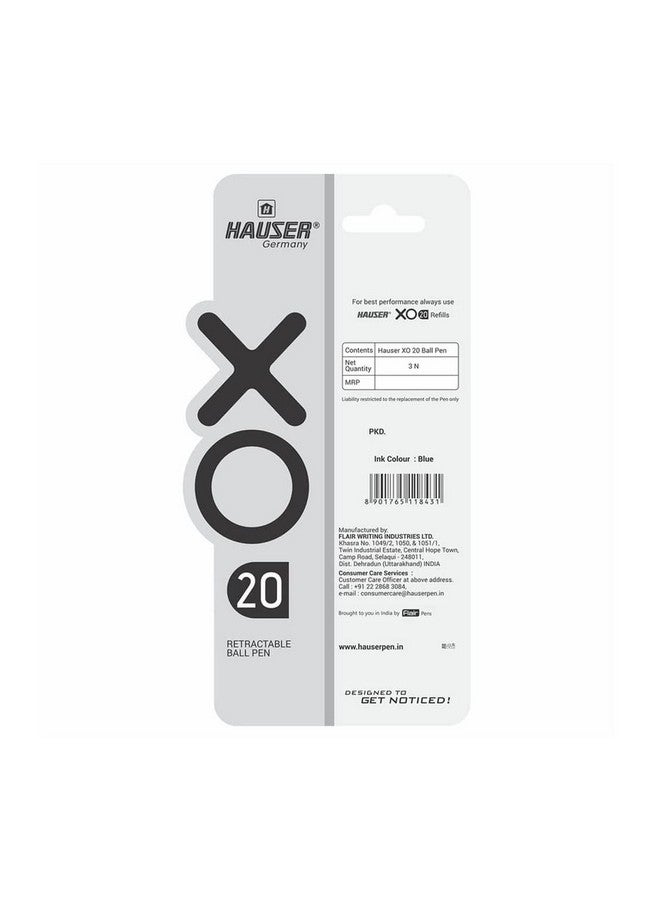 Hauser Xo 20 Retractable Ball Pen Blister Pack | Tip Size 0.7 mm | Sleek Body & Minimalistic Design | Matt Finish | Solid Body Type | Low Viscosity Ink | Ultra Durable Tip | Blue Ink, Set Of 3 Pcs - Image 3