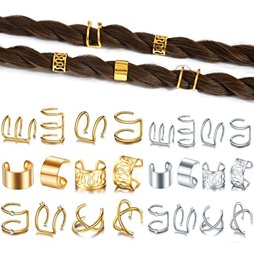 vfruua 24 Pcs Gold Silver Hair Braids Dreadlock Non-Piercing Ear Clip Beard Beads Cuffs Clip Hair for Women Men Hair Accessories Styling Jewelry Tools - Image 1