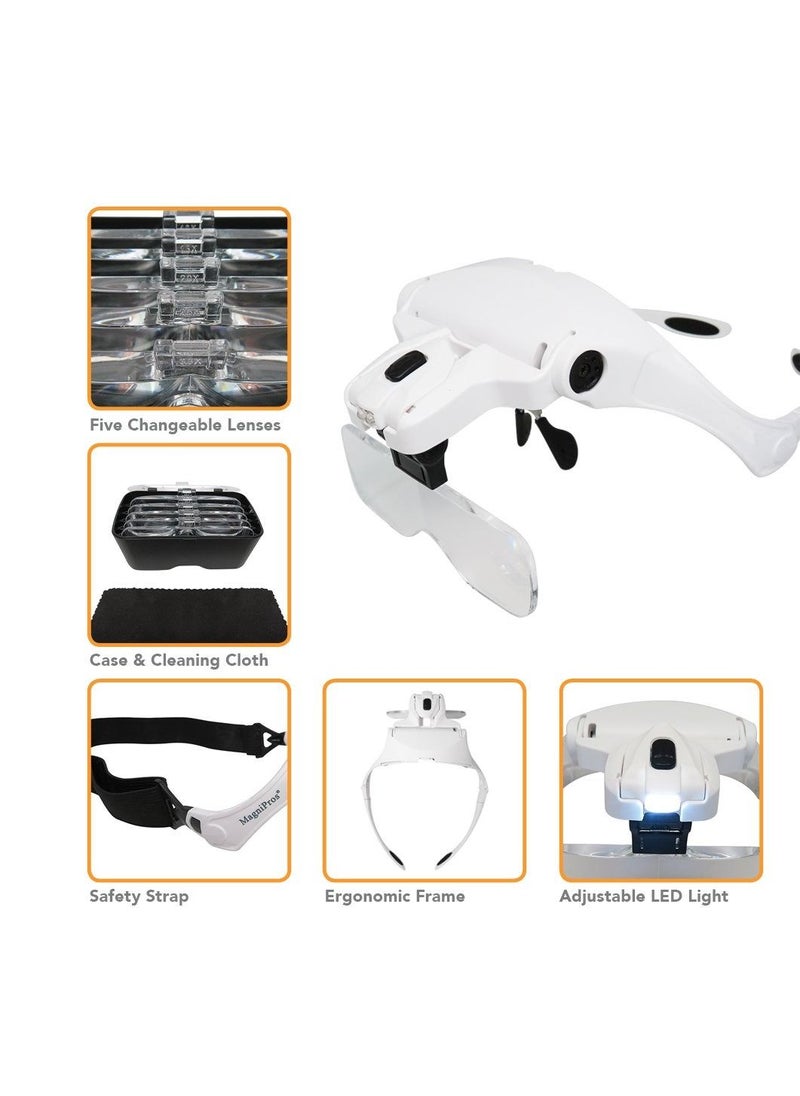 Generic - LED Illuminated Headband Magnifier Visor with Bonus Cleaning Cloth and 5 Detachable Lenses 1X 1.5X 2X 2.5X 3.5X (Upgraded Version) Hands-Free Head Worn Lighted Magnifying Glass - Image 1