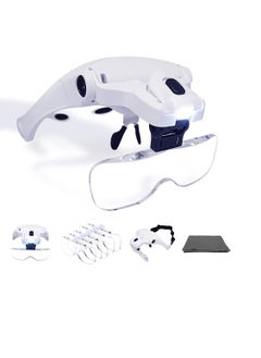 LED Illuminated Headband Magnifier Visor with Bonus Cleaning Cloth and 5 Detachable Lenses 1X 1.5X 2X 2.5X 3.5X (Upgraded Version) Hands-Free Head Worn Lighted Magnifying Glass