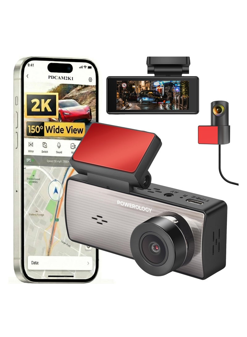باورولوجي كاميرا داش FHD للسيارات مع عدستين أمامية وخلفية، عدسة أمامية 2560x1440، عدسة خلفية، بطاقة 64GB، واي فاي مدمج، مستشعر G مع مسجل فيديو DVR للسيارة، مراقب مواقف 24 ساعة. - Image 1