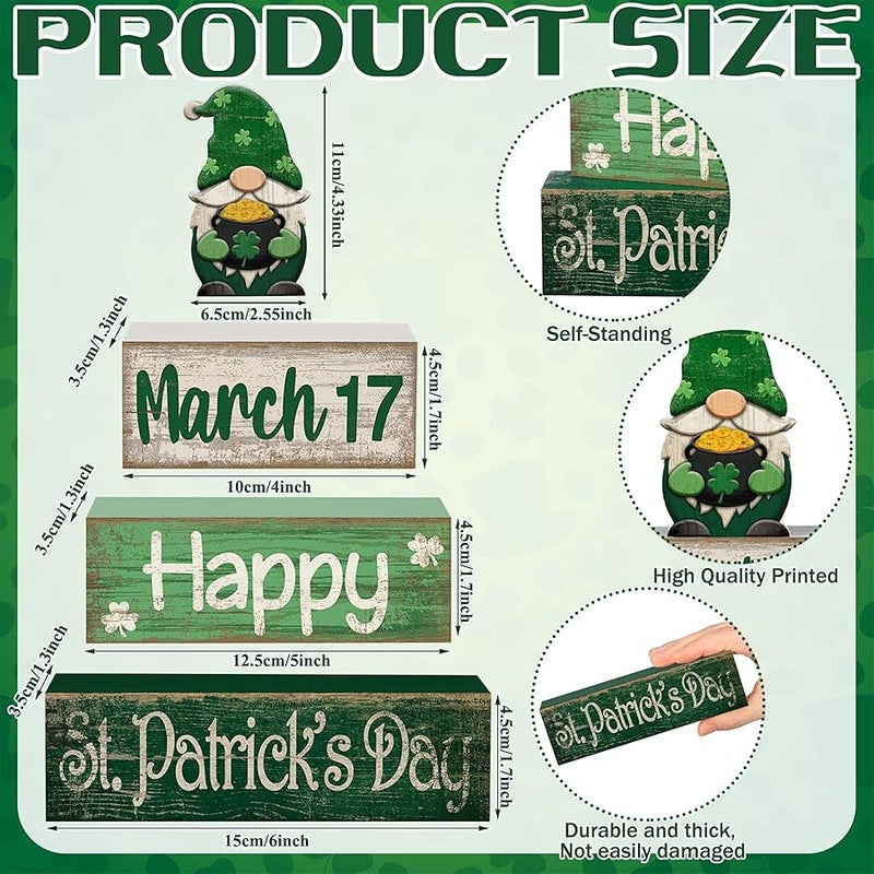 Lineshading 4 Pcs St Patrick's Day Tabletop Decor Wooden Irish Gnomes Tiered Tray Decor Rustic St Patrick's Day Wooden Block Sign Green Gnome Centerpiece Farmhouse Holiday Table Decoration for Kitchen - Image 3
