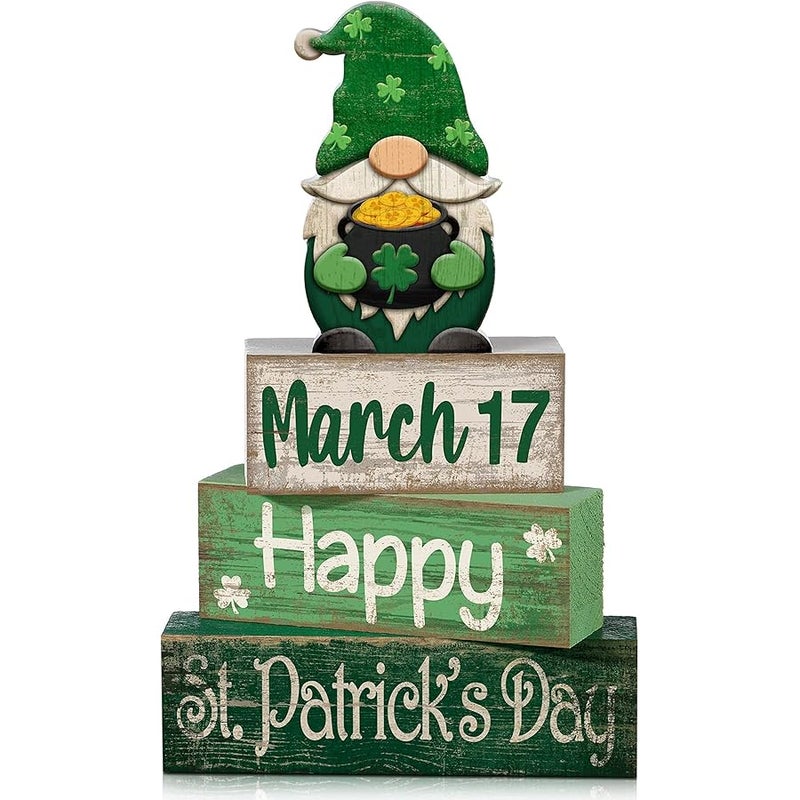 Lineshading 4 Pcs St Patrick's Day Tabletop Decor Wooden Irish Gnomes Tiered Tray Decor Rustic St Patrick's Day Wooden Block Sign Green Gnome Centerpiece Farmhouse Holiday Table Decoration for Kitchen - Image 1