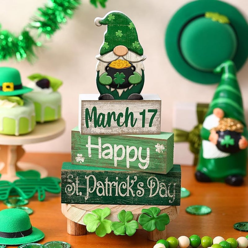 Lineshading 4 Pcs St Patrick's Day Tabletop Decor Wooden Irish Gnomes Tiered Tray Decor Rustic St Patrick's Day Wooden Block Sign Green Gnome Centerpiece Farmhouse Holiday Table Decoration for Kitchen - Image 2