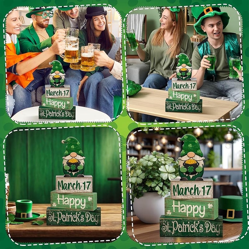 Lineshading 4 Pcs St Patrick's Day Tabletop Decor Wooden Irish Gnomes Tiered Tray Decor Rustic St Patrick's Day Wooden Block Sign Green Gnome Centerpiece Farmhouse Holiday Table Decoration for Kitchen - Image 4