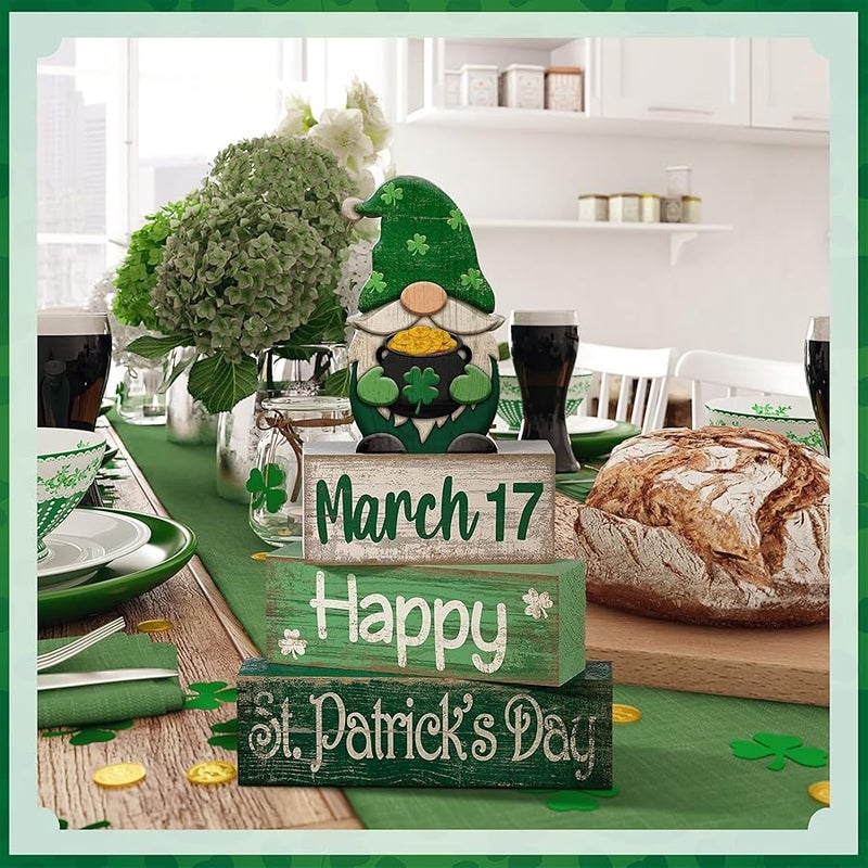 Lineshading 4 Pcs St Patrick's Day Tabletop Decor Wooden Irish Gnomes Tiered Tray Decor Rustic St Patrick's Day Wooden Block Sign Green Gnome Centerpiece Farmhouse Holiday Table Decoration for Kitchen - Image 5