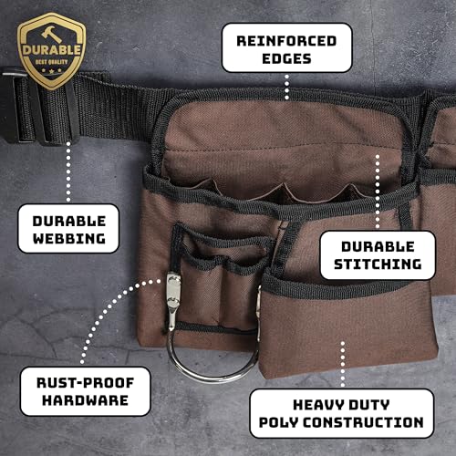 GlossyEnd 19 Pocket Brown and Black Heavy Duty Construction Tool Belt, Work Apron, Tool Pouch, with Poly Web Belt Quick Release Buckle - Adjusts from 33” Inches All the Way to 50” Inches - Image 3