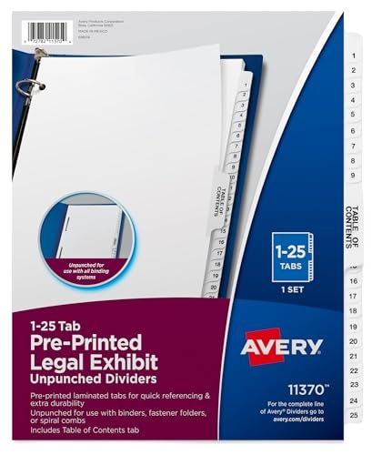 Avery Premium Collated Legal Exhibit Binder Dividers with Tabs, 1-25 and Table of Contents, 8.5 x 11 Inches, Binder Divider with Tabs, Avery Style (11370) - Image 1