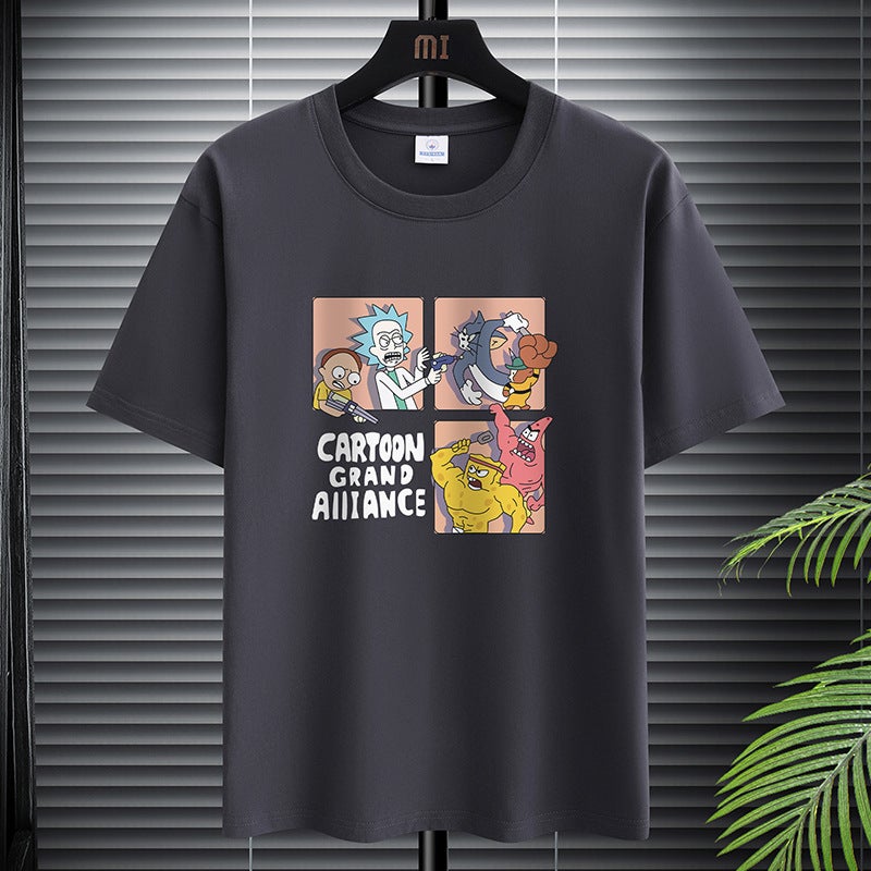 200G Heavy Cotton T-Shirt Men'S Short-Sleeved Cartoon Printed T-Shirt Loose Top Men'S White Base - Image 1