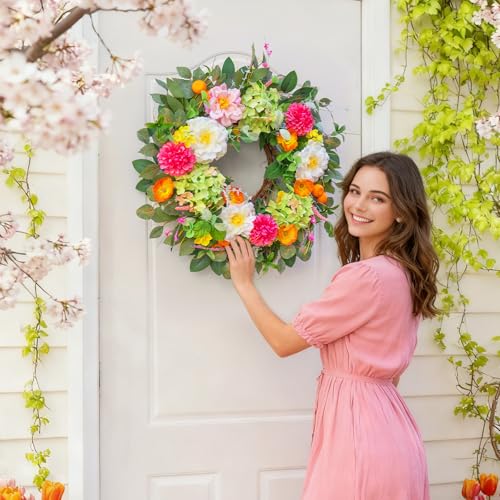 Pinkpuii 24 Inch Spring Wreaths for Front Door Outdoor Spring Summer Flower Wreath with Vibrant Peony Hydrangea Flower Green Eucalyptus Leaves and Orange Berry Ideal for PorchMantelHome Wall - Image 3