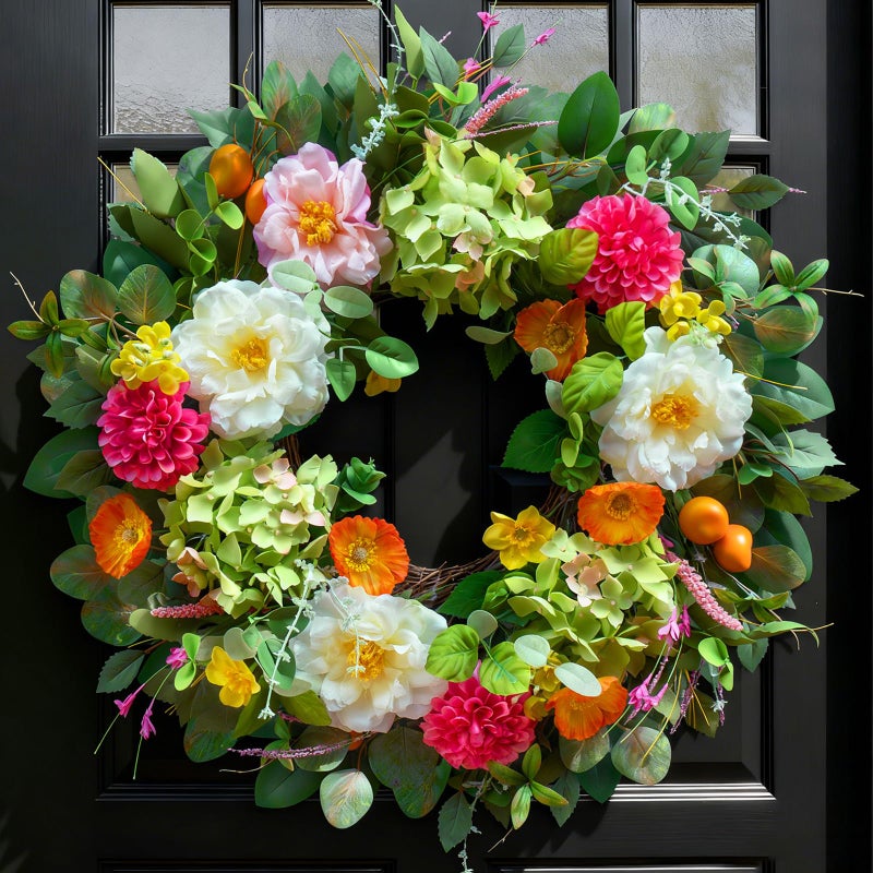 Pinkpuii 24 Inch Spring Wreaths for Front Door Outdoor Spring Summer Flower Wreath with Vibrant Peony Hydrangea Flower Green Eucalyptus Leaves and Orange Berry Ideal for PorchMantelHome Wall - Image 2