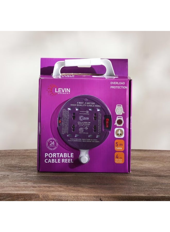 Levin Germany Portable Cable Reel 5M Extension Cord with 4-Way Socket, Overload Protection, 13A Fused Plug, 2500W Max Power - Image 2