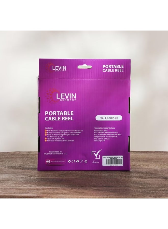 Levin Germany Portable Cable Reel 5M Extension Cord with 4-Way Socket, Overload Protection, 13A Fused Plug, 2500W Max Power - Image 3