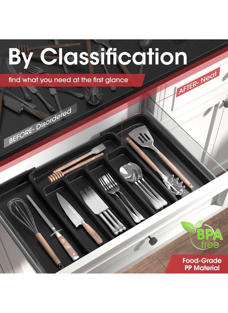 SYOSI Silverware Organizer Expandable Kitchen Drawer Organizer Adjustable Utensil Organizer Cutlery Drawer Organizer for Forks and Knives with Grooved Drawer Dividers for Flatware Kitchen Utensils Black  - Image 2