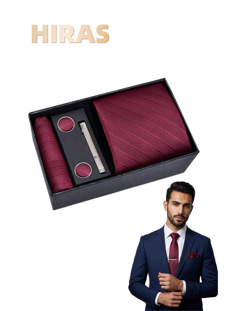 Hiras Fashionable Stripes Necktie Suit Gift Box Set（Tie, Pocket Square, Cufflinks, Tie Clip Set )-Red - Image 1