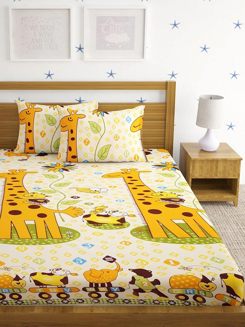 Home Sizzler ملاءة سرير مزدوجة للأطفال بتصميم زرافة من ميكروفايبر 144 TC مع 2 غطاء وسادة بحجم كينغ (أصفر) - Image 2
