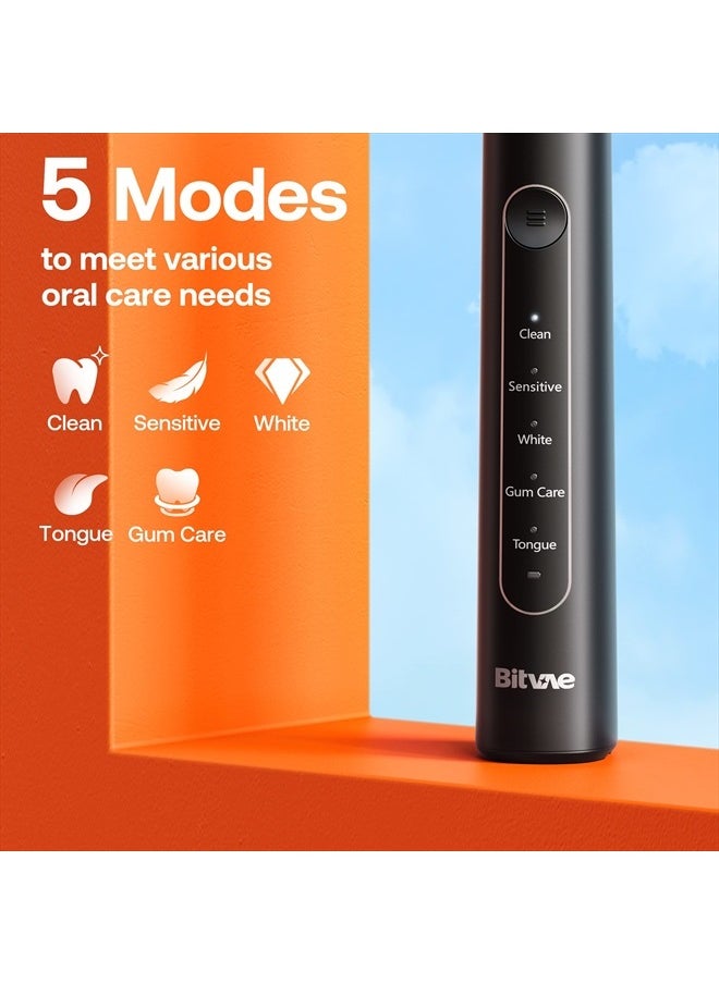 Bitvae - R2 Rotating Electric Toothbrush for Adults with 8 Brush Heads, Travel Case, 5 Modes Rechargeable Power Toothbrush with Pressure Sensor, 3 Hours Fast Charge for 30 Days, Black - Image 1