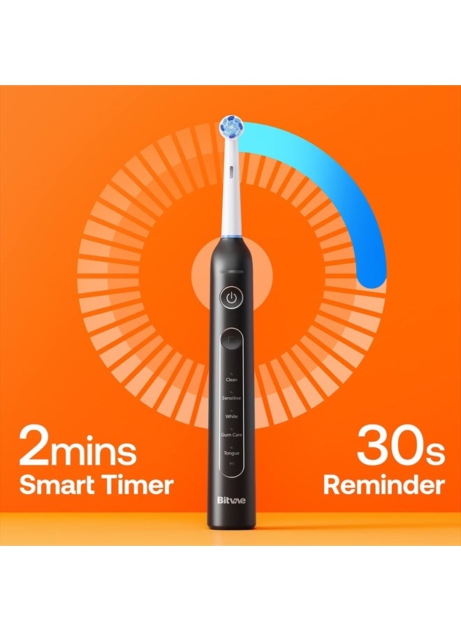 Bitvae - R2 Rotating Electric Toothbrush for Adults with 8 Brush Heads, Travel Case, 5 Modes Rechargeable Power Toothbrush with Pressure Sensor, 3 Hours Fast Charge for 30 Days, Black - Image 1