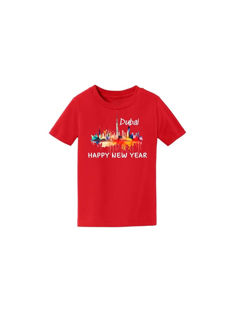 تي شيرت قطني للأطفال الأولاد Happy New Year Dubai بأكمام قصيرة ورقبة دائرية مع تصميم سنة جديدة سعيدة ودبي - مثالي لاحتفالات رأس السنة الجديدة - Image 3