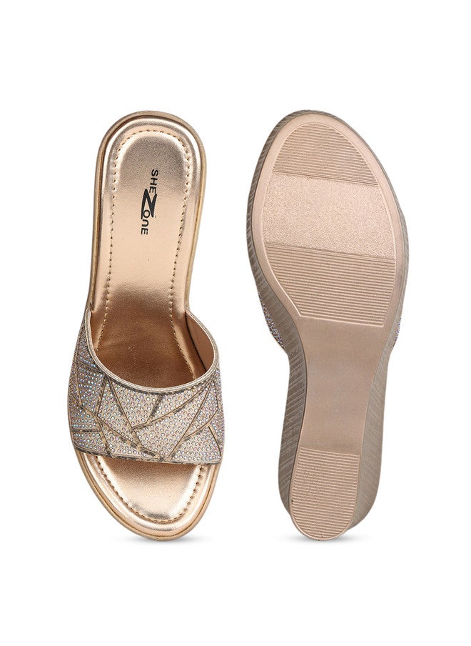 She Zone كعب ويدج مزين باللون الوردي الذهبي للنساء - Image 4