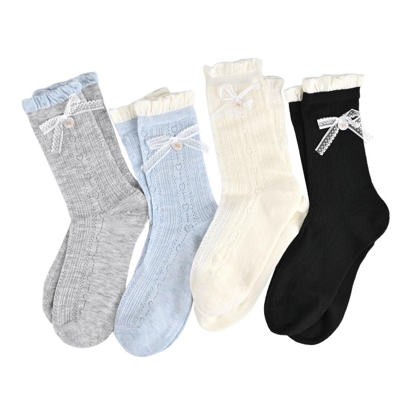 Knagsfa Cute Crew Socks for Women, 4 Pairs Casual Novelty Socks Bowknot and Flowers Ruffle Cuff Cotton Athletic Calf Socks, [4pcs]bowknot-milk White+blue+gray+black, M - Image 1