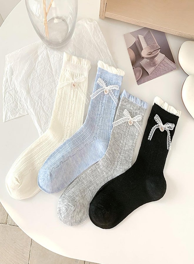Knagsfa Cute Crew Socks for Women, 4 Pairs Casual Novelty Socks Bowknot and Flowers Ruffle Cuff Cotton Athletic Calf Socks, [4pcs]bowknot-milk White+blue+gray+black, M - Image 4