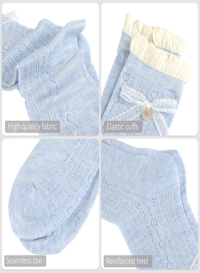 Knagsfa Cute Crew Socks for Women, 4 Pairs Casual Novelty Socks Bowknot and Flowers Ruffle Cuff Cotton Athletic Calf Socks, [4pcs]bowknot-milk White+blue+gray+black, M - Image 5