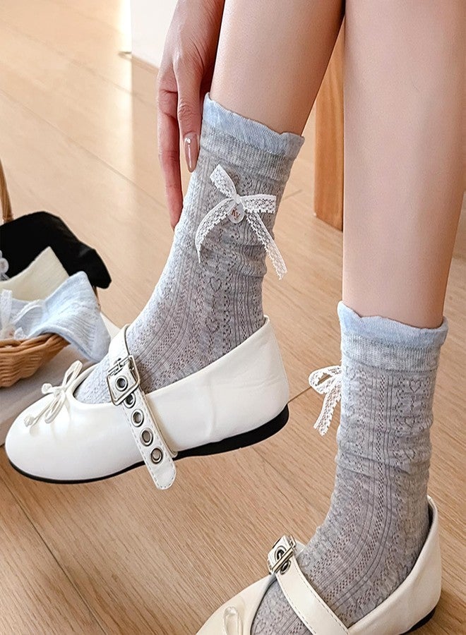 Knagsfa Cute Crew Socks for Women, 4 Pairs Casual Novelty Socks Bowknot and Flowers Ruffle Cuff Cotton Athletic Calf Socks, [4pcs]bowknot-milk White+blue+gray+black, M - Image 3