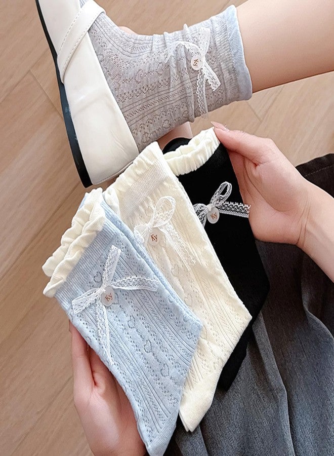 Knagsfa Cute Crew Socks for Women, 4 Pairs Casual Novelty Socks Bowknot and Flowers Ruffle Cuff Cotton Athletic Calf Socks, [4pcs]bowknot-milk White+blue+gray+black, M - Image 2