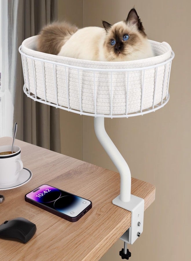 BALORAY Cat Desk Bed - Sturdy Cat Bed for Desk Support 45lbs,Indoor Desktop Cats Beds for Tables Game Office Desks Attachment,17"x13" Removable Cotton Cats Nest,Heavy-Duty Metal Frame and Clamp (White) - Image 1