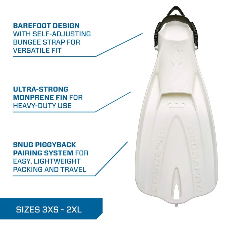 Scubapro مجموعة زعانف الغوص SCUBAPRO GO للسفر، كعب مفتوح، زعنفة بيضاء مع حزام بونجي أسود للغوص والسباحة، متوسط/كبير - Image 4