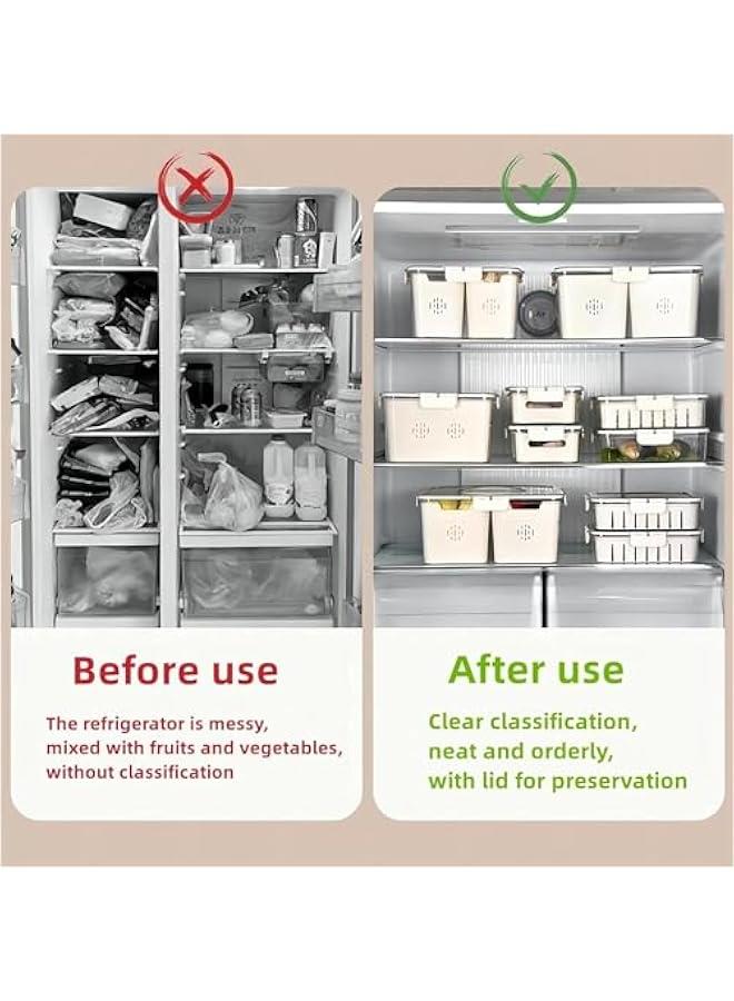 هوكور صندوق منظم للثلاجة من ار سي كو، حاوية تخزين الطعام والفواكه للثلاجة مع 4 سلال تصريف في حاوية واحدة، حاوية مصافي خضروات مع غطاء بمقبض، صندوق واحد / مجموعة من لون ابيض - Image 2