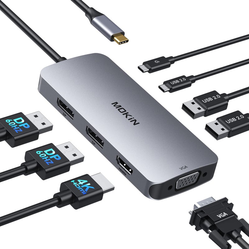 Mokin USB C Docking Station Dual DisplayPort, 8 in 1 USB Hub with 2 DP, HDMI, VGA, USB C 2.0, A 2.0, PD Charging Port, Multi Monitor Adapter for Dell/HP/Lenovo Laptops - Image 1