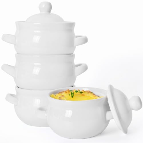 Vumdua French Onion Soup Bowls with Handles and Lids, 16 oz Ceramic Soup Crocks Oven Safe for Chilli, Cereal, Pot Pies, Microwave & Dishwasher Safe, Set of 4, White - Image 1