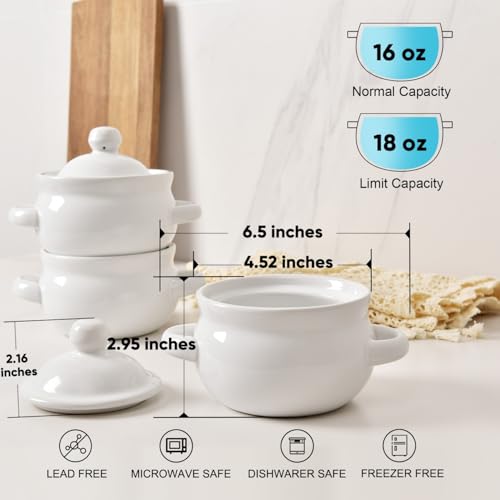 Vumdua French Onion Soup Bowls with Handles and Lids, 16 oz Ceramic Soup Crocks Oven Safe for Chilli, Cereal, Pot Pies, Microwave & Dishwasher Safe, Set of 4, White - Image 2