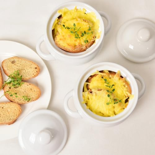 Vumdua French Onion Soup Bowls with Handles and Lids, 16 oz Ceramic Soup Crocks Oven Safe for Chilli, Cereal, Pot Pies, Microwave & Dishwasher Safe, Set of 4, White - Image 5