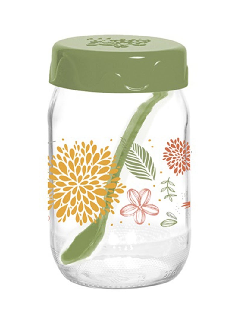Herevin 370ml Glass Spice Jar with Decorative PP Green Lid and Spoon Botanic, Transparent - Image 1