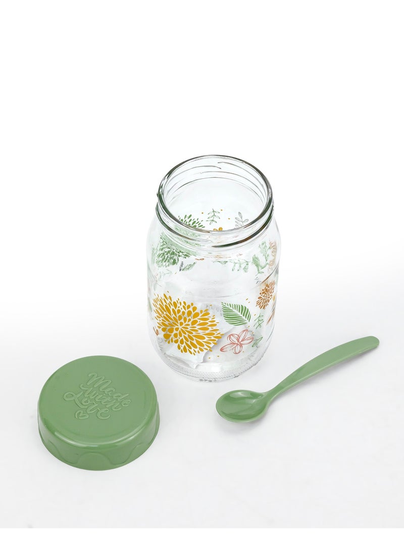 Herevin 370ml Glass Spice Jar with Decorative PP Green Lid and Spoon Botanic, Transparent - Image 4