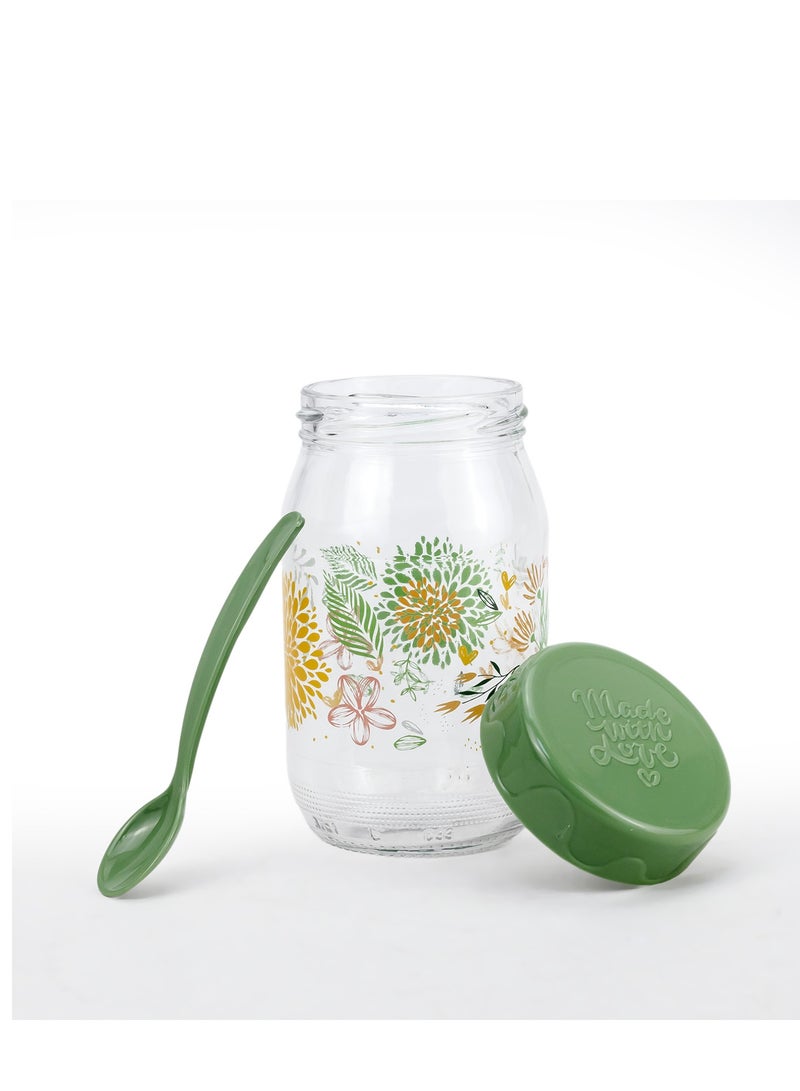 Herevin 370ml Glass Spice Jar with Decorative PP Green Lid and Spoon Botanic, Transparent - Image 5