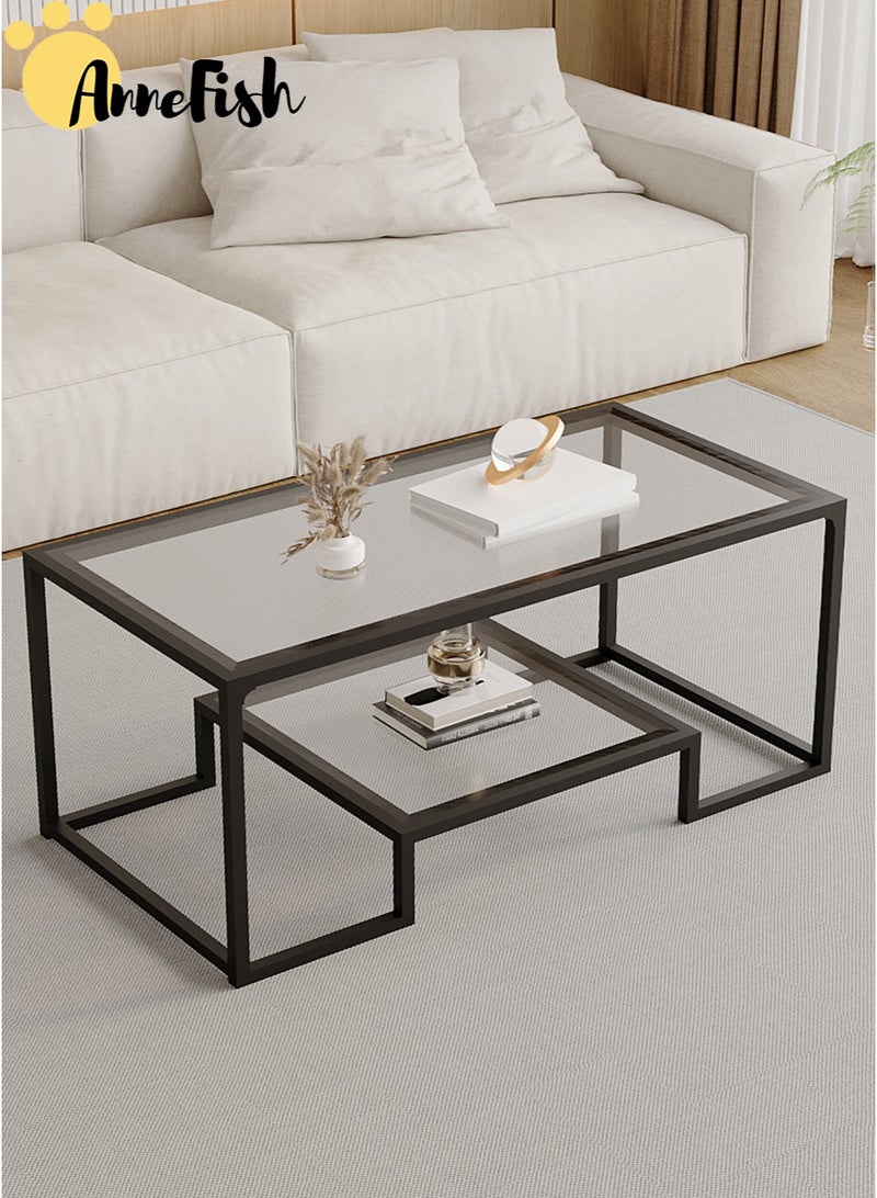 آن فش طاولة قهوة زجاجية، طاولة مركزية حديثة مع سطح من الزجاج المقوى وقاعدة إطار معدني، طاولة أريكة من مستويين، طاولات جانبية فنية، طاولة نهائية لغرفة المعيشة المنزلية، سهلة التجميع - Image 1