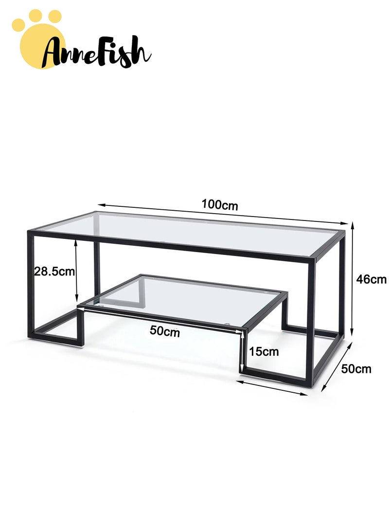 آن فش طاولة قهوة زجاجية، طاولة مركزية حديثة مع سطح من الزجاج المقوى وقاعدة إطار معدني، طاولة أريكة من مستويين، طاولات جانبية فنية، طاولة نهائية لغرفة المعيشة المنزلية، سهلة التجميع - Image 2