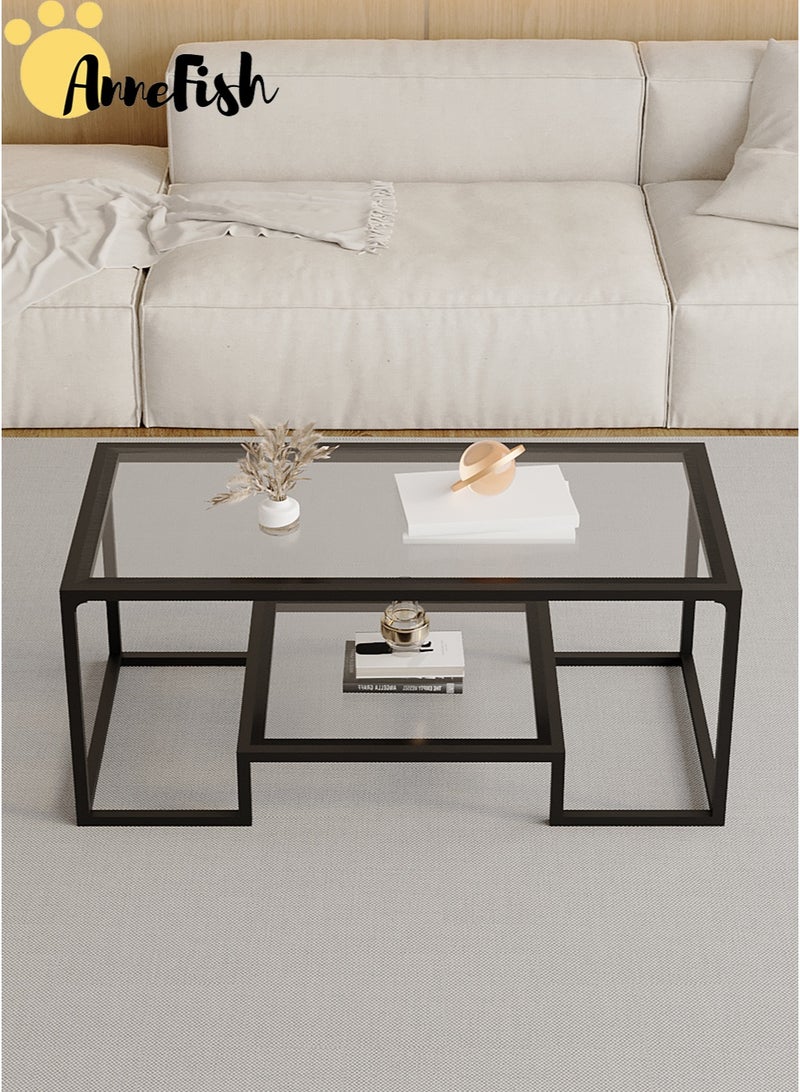 آن فش طاولة قهوة زجاجية، طاولة مركزية حديثة مع سطح من الزجاج المقوى وقاعدة إطار معدني، طاولة أريكة من مستويين، طاولات جانبية فنية، طاولة نهائية لغرفة المعيشة المنزلية، سهلة التجميع - Image 4