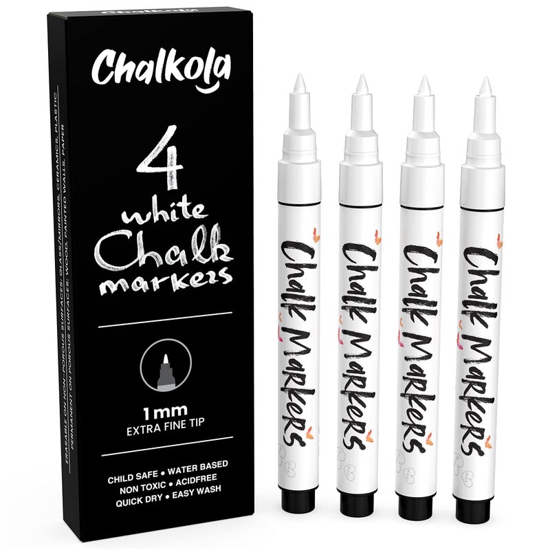 Chalkola Extra Fine Tip White Chalk Markers (4 Pack 1mm Point) Chalk Pens - White Dry Erase Marker Pen for Blackboard, Chalkboards, Windows, Glass, Bistro, Signs - Image 1